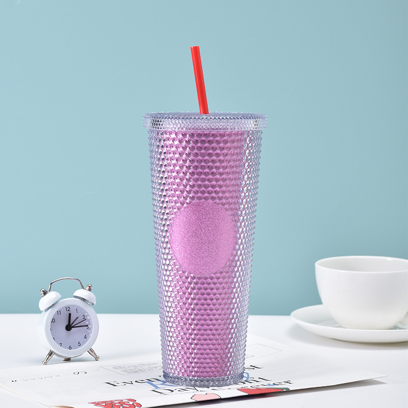 Trending Creative Gradient Color Double-Layer Cup with Straw Diamond Durian Cup with Light Portable Large Capacity Plastic Cup Wholesale