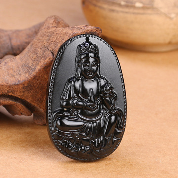 黑曜石观世音菩萨吊坠天然水晶宝瓶观音慈像挂坠男女情侣通用项链