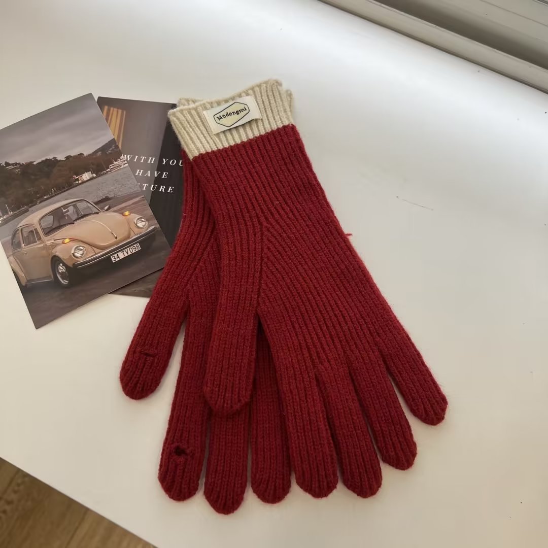 South Korea Ins Bloggers Same Style Knitted Five-Finger Gloves Autumn and Winter Wool Outdoor Cold-Proof Warm Contrast Color Touch Screen Gloves