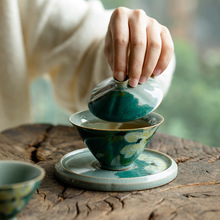 手绘冰片釉荷花三才盖碗陶瓷泡茶碗釉下彩青绿喝茶碗茶杯功夫茶具