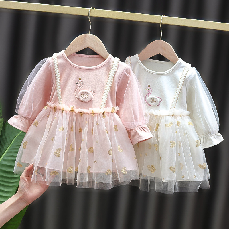 Baby Girl Spring and Autumn Princess Dress 1-3 Years Old 2 Girls Long Sleeve Fashionable Dress Baby Little Girl Mesh Skirt