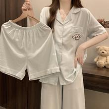 韩版睡衣三件套女士夏季简约可爱短袖长裤2024年新款可外穿家居zb