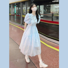 超仙高级感裙子纯欲风奶油蓝仙女薄款气质泡泡袖连衣裙2024年新款