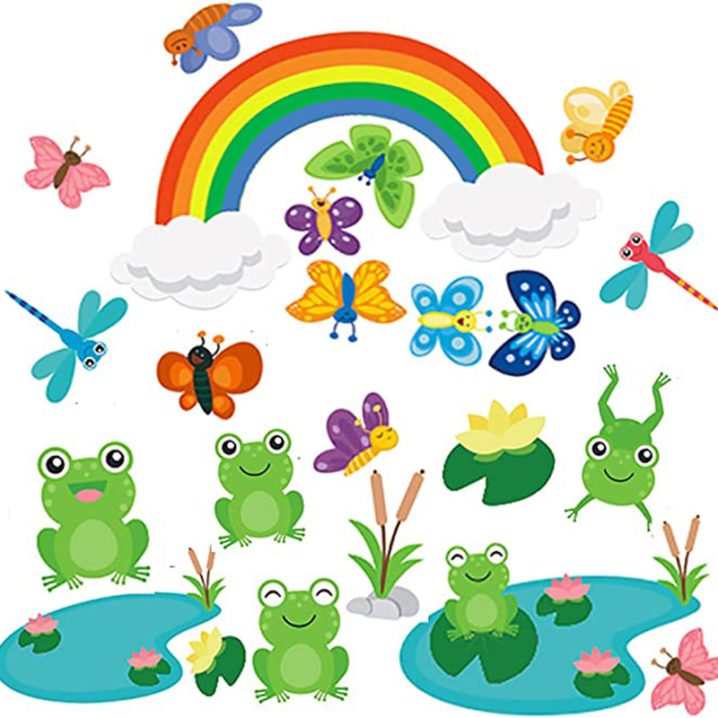 Cross-Border New Arrival Lotus Leaf Frog Children's Floor Vision Rainbow Butterfly Dragonfly Children's Bedroom Decoration Self-Adhesive PVC Wall Sticker