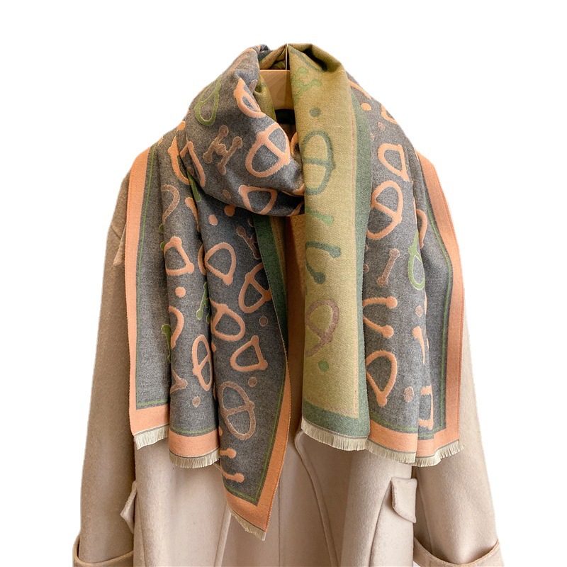 New Women's Scarf Autumn and Winter Letter Jacquard Scarf Thickened Double-Sided Cashmere-like Warm Shawl All-Match Scarf