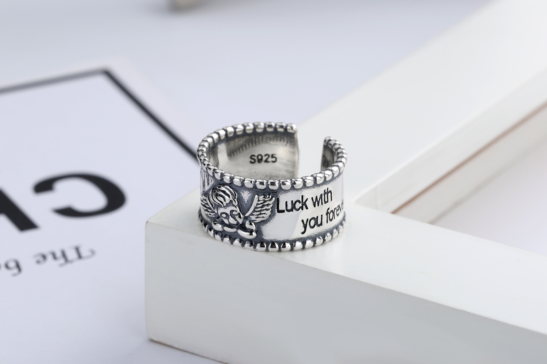 韩版s925银爱情丘比特戒指女时尚复古个性潮流天使翅膀泰银食指戒