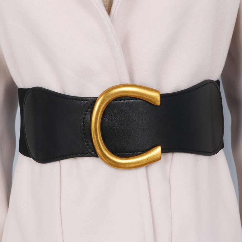 宽腰带女装饰腰封ins外搭配裙子羊绒大衣西装金属大c扣皮带女黑色