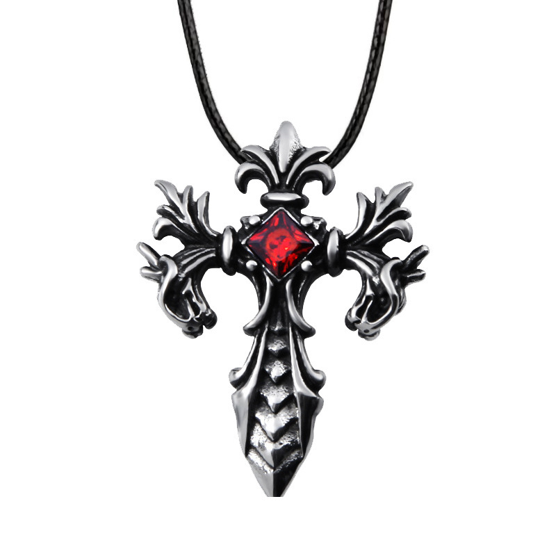 镶钻项链嘻哈 潮男搭配时尚饰品 战神十字架项链红钻配蜡绳-阿里巴巴