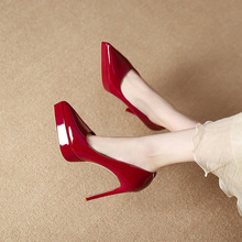 1633-1欧美时尚尖头超高跟单鞋新款红色性感浅口气质漆皮细跟单鞋