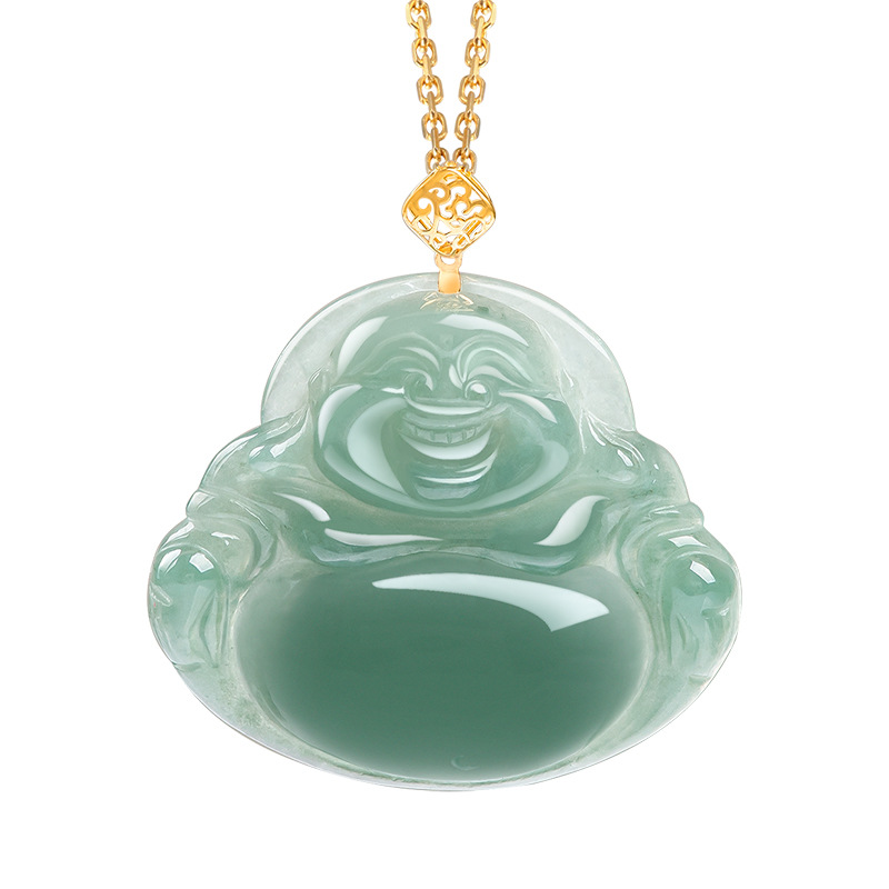 18K Gold Inlaid Natural Myanmar Fake Jadeite Oil Green Buddha Maitreya Buddha Pendant Necklace Ice Jade Pendant for Women