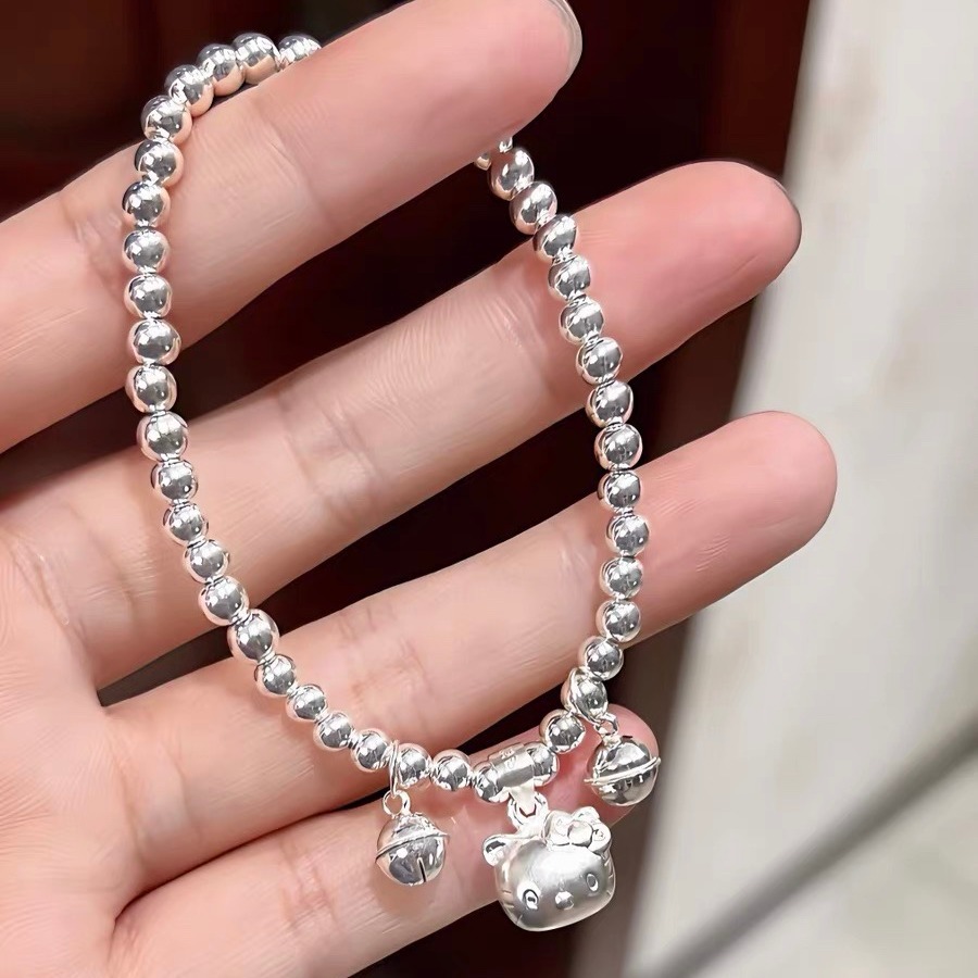 925纯银kt猫甜美可爱银珠圆珠子手链 凯蒂猫铃铛儿童大人亲子手链