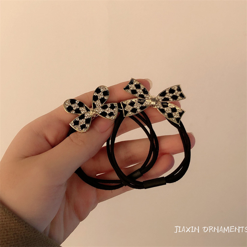 Alloy Bow Rubber Band Hair Band Autumn and Winter Girl Versatile High Ponytail Black Crystal Bow Hair Rope Hair Accessories