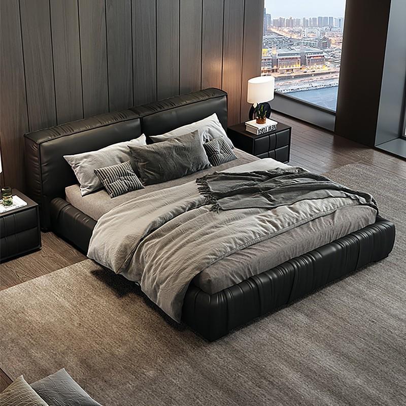 意式极简轻奢真皮床高级主卧床2022年新款豆腐块双人床ins网红床