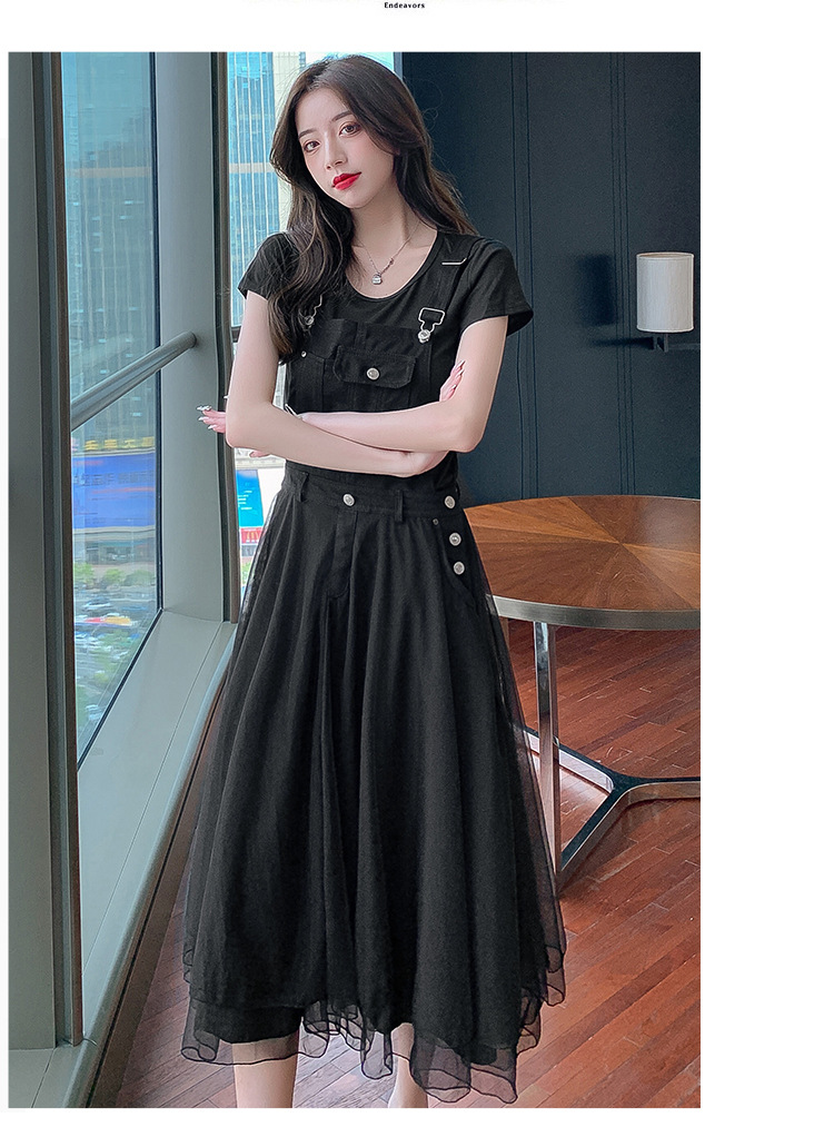 牛仔网纱背带裙2021年新款减龄显瘦吊带连衣裙仙女裙子两件套装