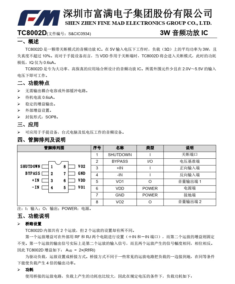 富满全新原装tc8002da,音频功放芯片,大功率,高保真的应用场合