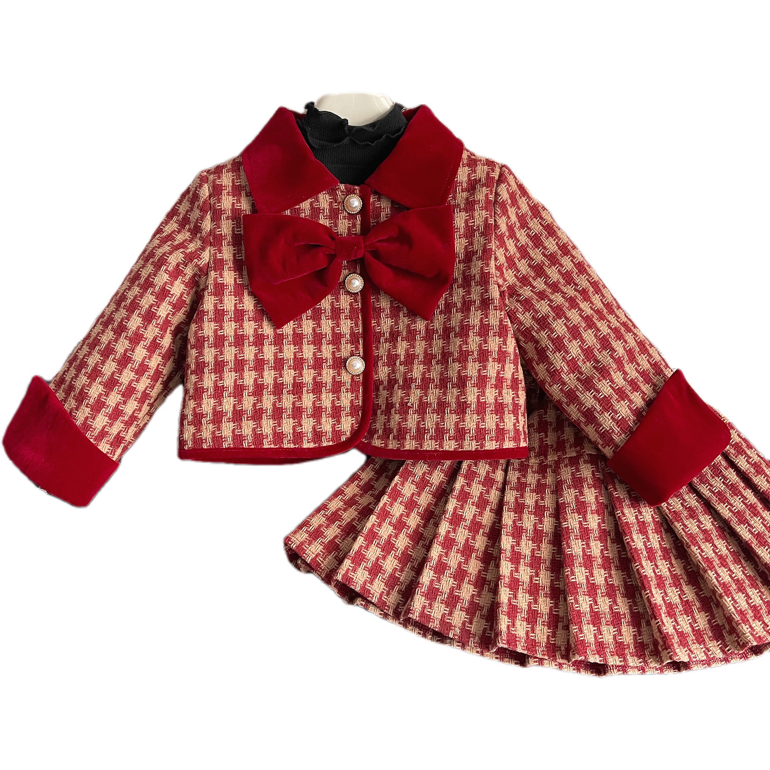 2023 Winter New Korean Style Girls' Classic Style Red Plaid Bow Suit Baby Cotton Two-Piece Set 68185