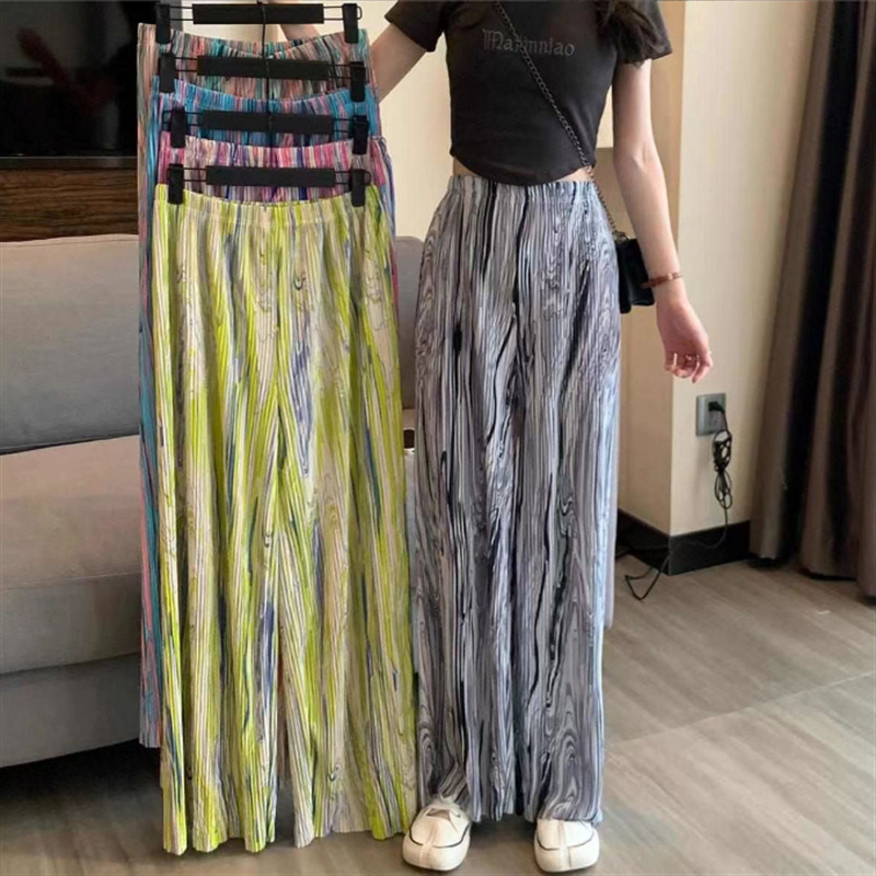 2023 Spring and Summer New Rainbow Bar Wide-Leg Pants Female Flow Color Printing Flower Ice Silk Mop High Waist Drooping Loose Straight