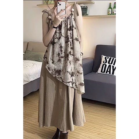 New Chinese Style Tie-Dyed Suspender Skirt Stitching Dress Women's Summer Irregular Special-Interest Design Long Skirt High-Grade Skirt