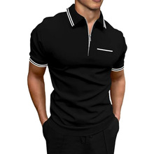 男子马球衫短袖拉链Polo衫男夏季数码印花休闲条纹短袖高尔夫T恤