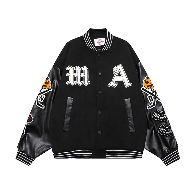 美式复古国潮拼接撞色立领棒球服男款潮牌宽松字母刺绣上衣 外套