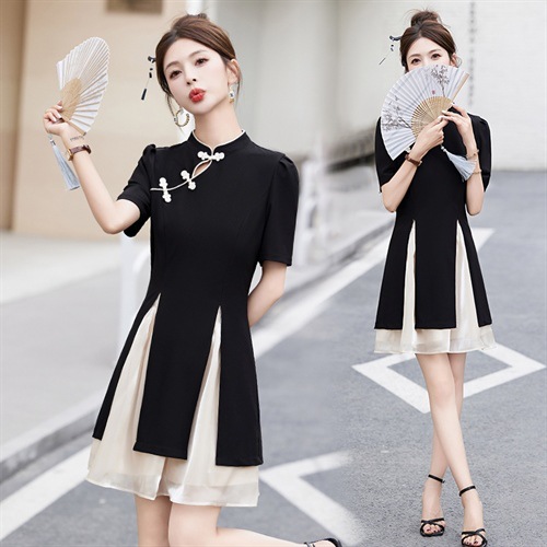 新中式套装女夏年轻旗袍盘扣上衣配网纱半身短款茶系穿搭一整套