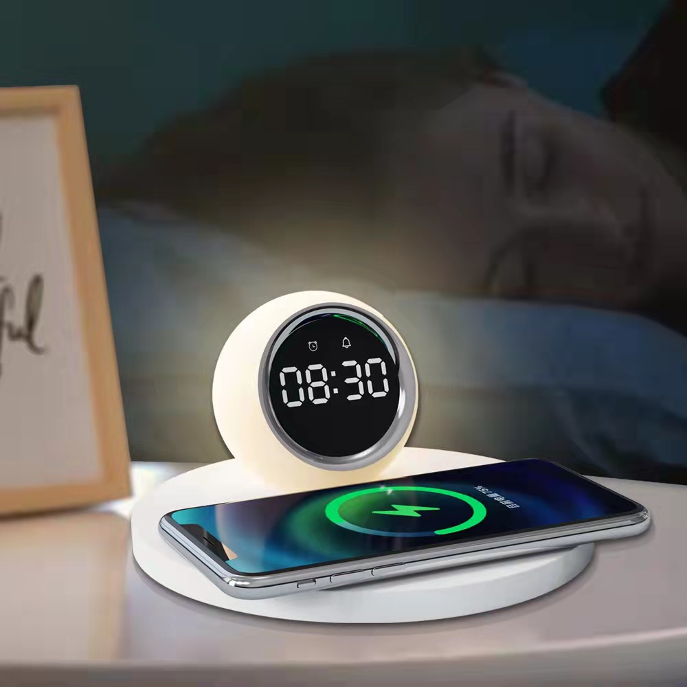 New Product Wireless Charger Small Night Lamp Furniture with Alarm Clock Bedroom Student Accommodation Table Lamp Business Gift Logo Printing