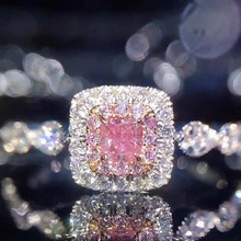 方形粉锆石戒指彩色钻镀彩金镶仿真钻戒正方钻公主女士滚珠边指环