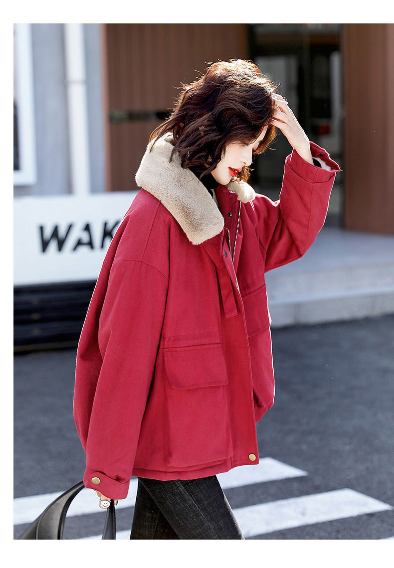 红色派克服女冬季2020新款棉衣棉服短款加绒加厚韩版宽松工装外套
