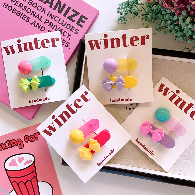 韩国儿童可爱透明基础糖豆发夹女童彩色树脂领结鸭嘴夹ab版夹对装