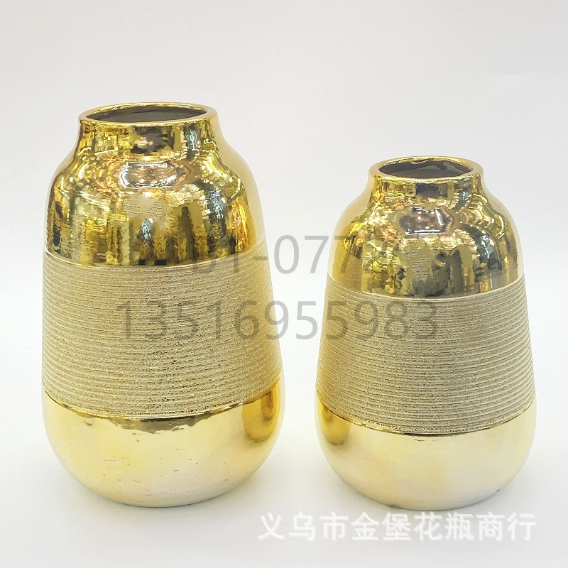 Design Simple Shrink Point Glaze Craft Ceramic Vase Thread Golden Flower Flower Pot Crafts Decoration Factory Wholesale