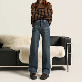 加绒加厚阔腿牛仔裤女2025新款冬季高腰百搭宽松保暖小个子直筒裤