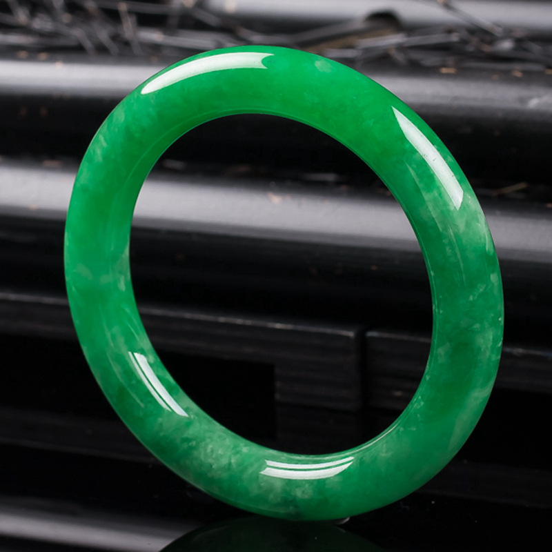 缅甸老坑帝王绿翡翠手镯冰糯种满绿圆条手镯女细款宽6-8mm