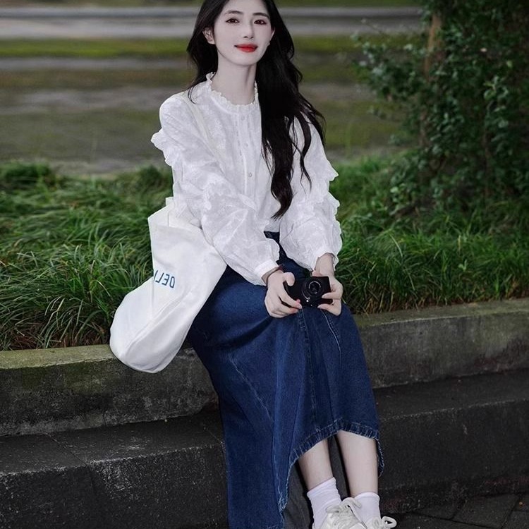 2025秋季新款韩系穿搭白色衬衫上衣法式复古牛仔半身裙两件套女