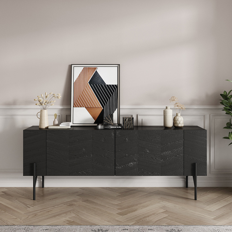 北欧轻奢实木视听柜客厅简约边柜入户玄关柜现代黑色鱼骨纹电视柜