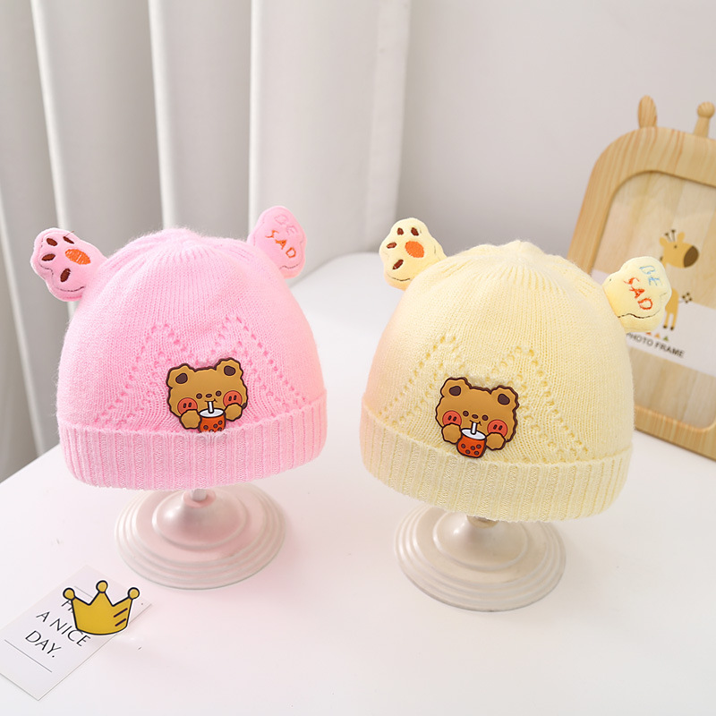 Baby Hat Autumn and Winter Fleece-Lined Knitting Bay Hat Baby Cute Bear Wool Earmuffs Hat Scarf Set Wholesale