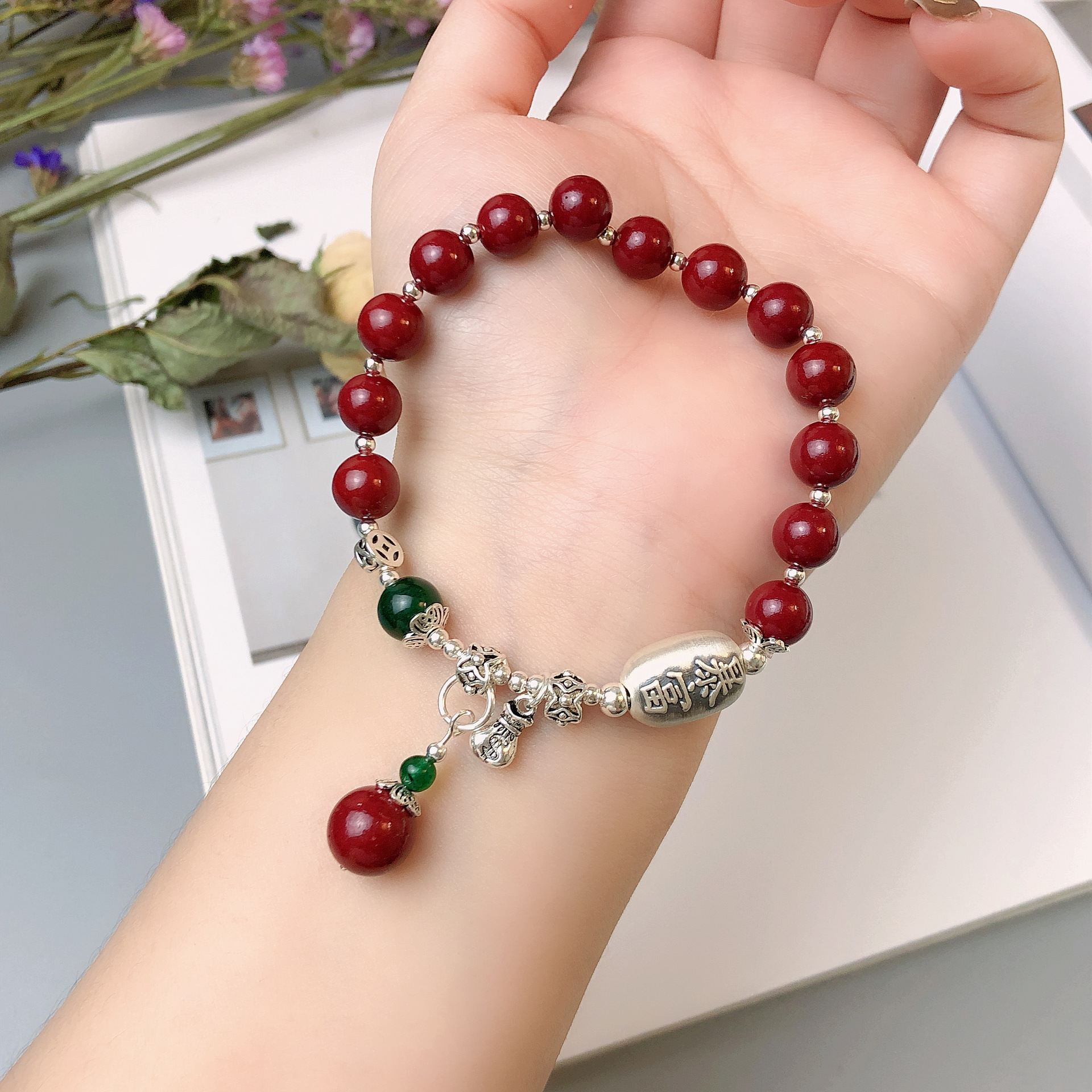 中国风925银朱砂玛瑙钱多多手链单圈手串手工饰品串珠配饰首饰