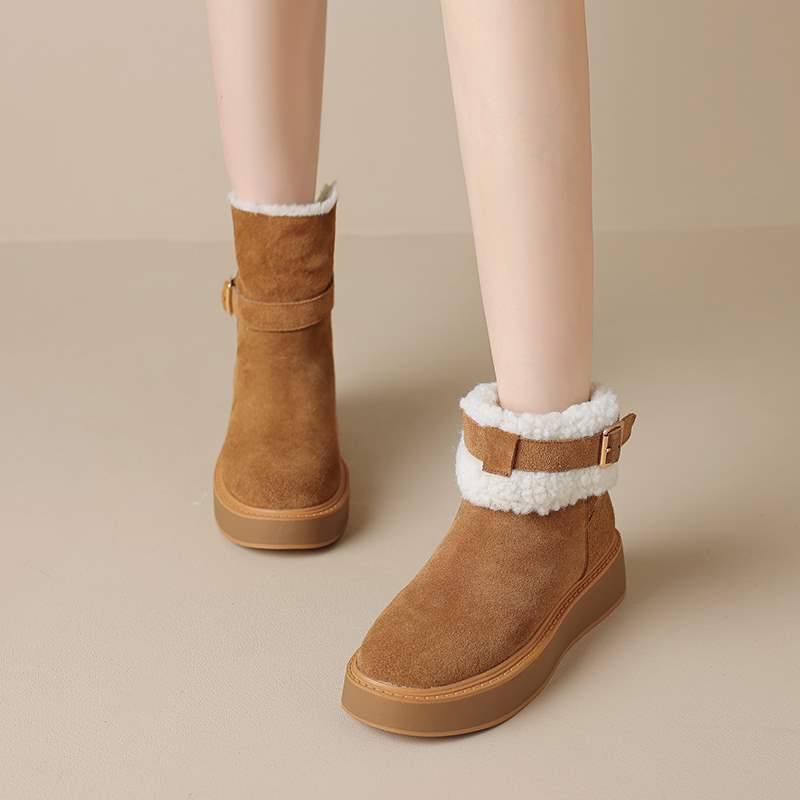 舒适~加绒加厚马丁短靴秋冬雪地靴厚底坡跟磨砂皮短靴中跟保暖