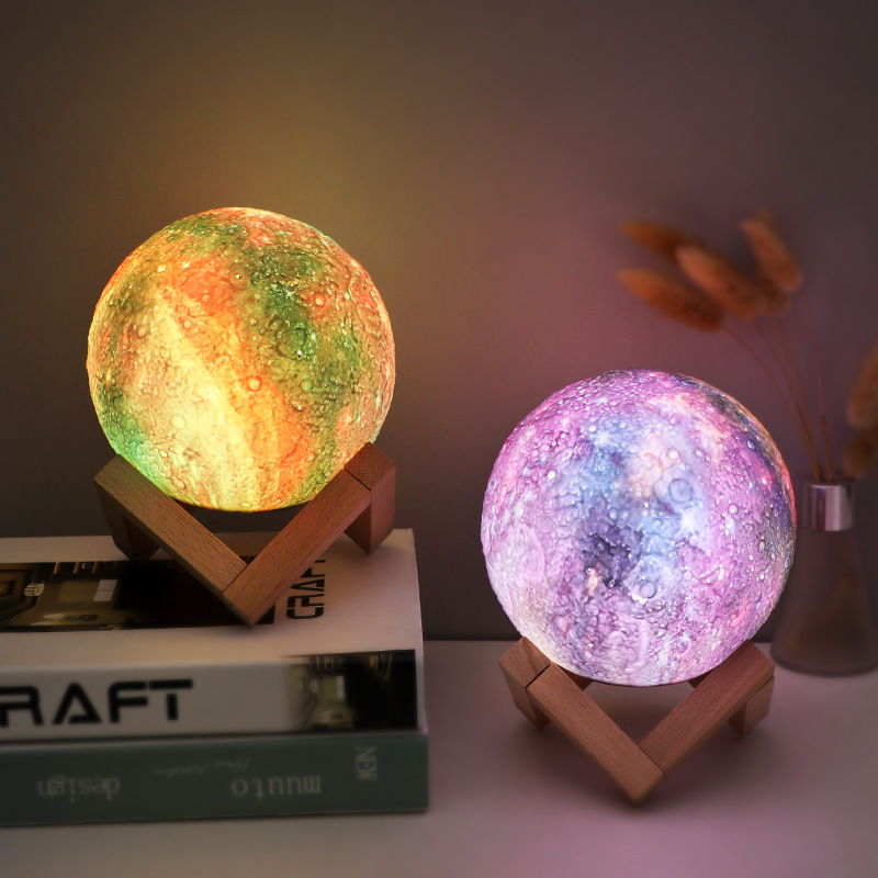 跨境礼物小夜灯水转印星空月球灯创意防摔遥控卧室床头氛围星球灯