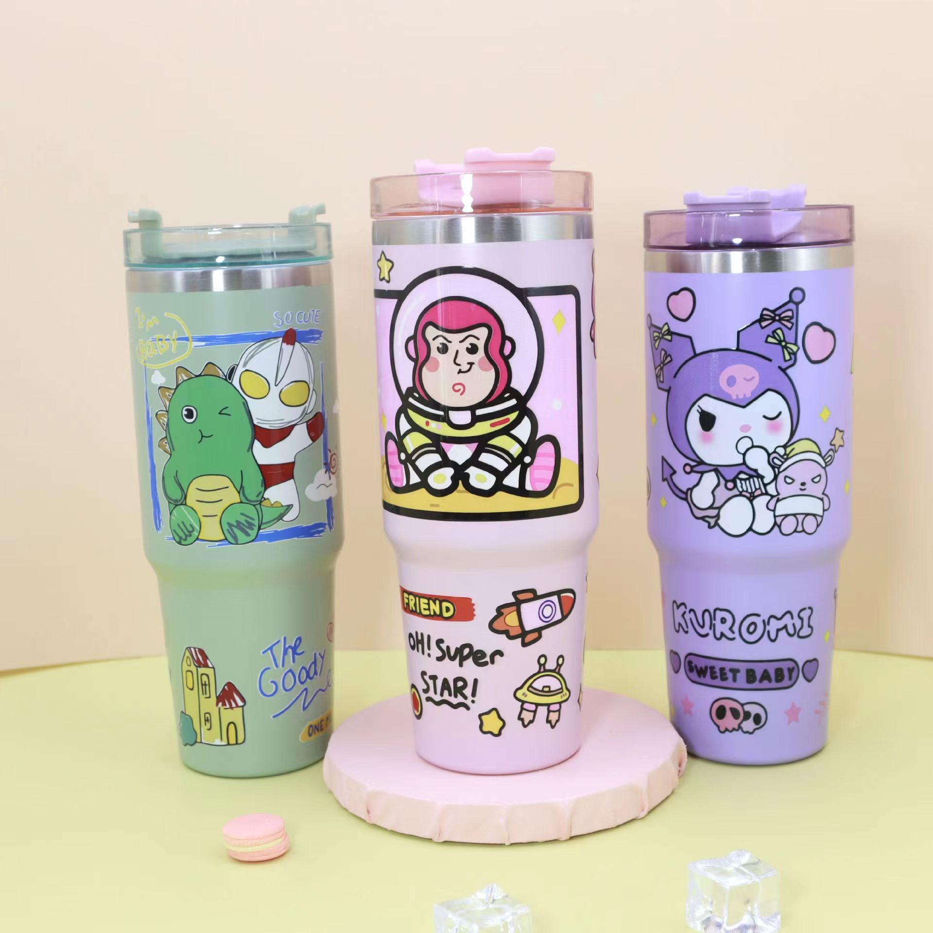 Foreign Trade 30Oz Cup Cartoon Pattern 304 Stainless Steel Large Ice Cup Thermos Cup Printed Logo Cup with Straw