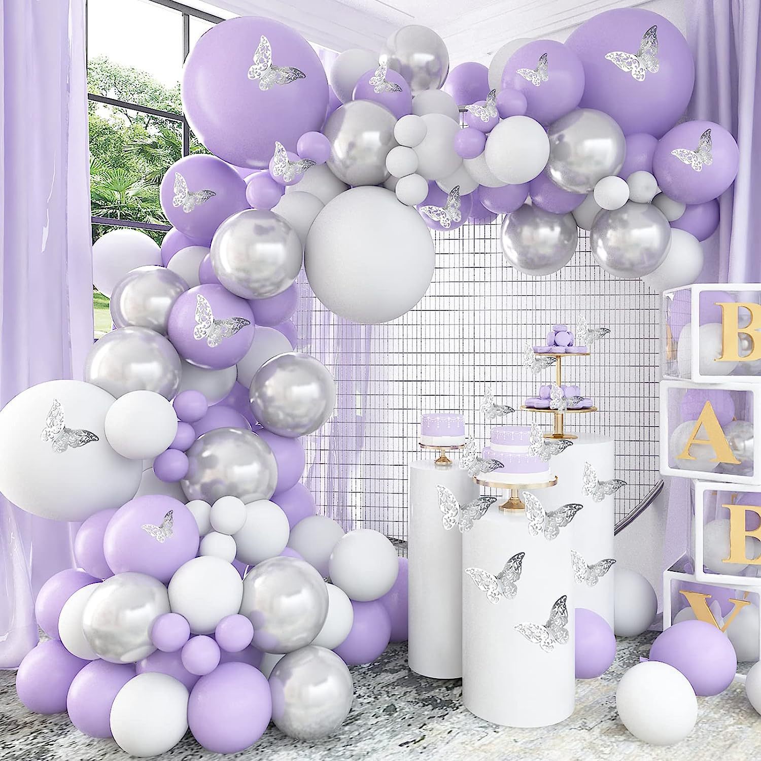 跨境新款薰衣草紫色婚礼生日白色气球拱门蝴蝶贴纸场景布置套装