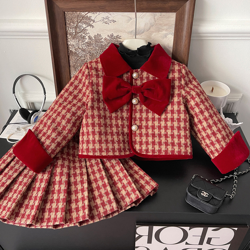 2023 Girls' Clothing Winter Classic Style Thickened Set Baby Red Houndstooth New Year plus Cotton Two-Piece Set