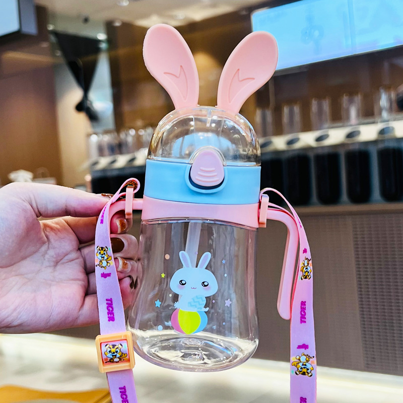 Cute Cartoon Rabbit Ears Children‘s Plastic Cup with Straw Baby Kettle Portable Primary School Kindergarten Water Cup