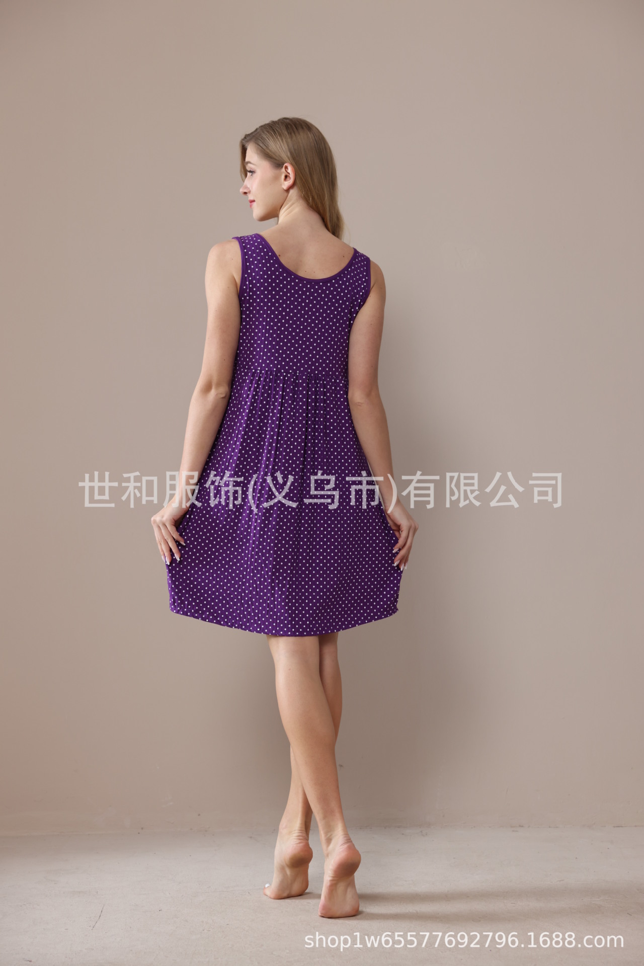 2024 Spring and Summer New Sunken Stripe Nightdress Dotted Prints Wide Shoulder Foreign Trade Women's Nightdress