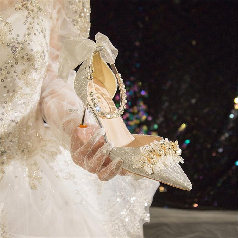 银色公主时尚优雅高跟鞋2024年夏季新款韩版一字扣带串珠水钻凉鞋