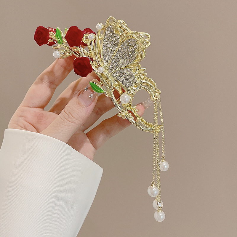 古风小抓夹流苏汉服麦穗蝴蝶发夹女珍珠设计感后脑勺盘发抓夹大号