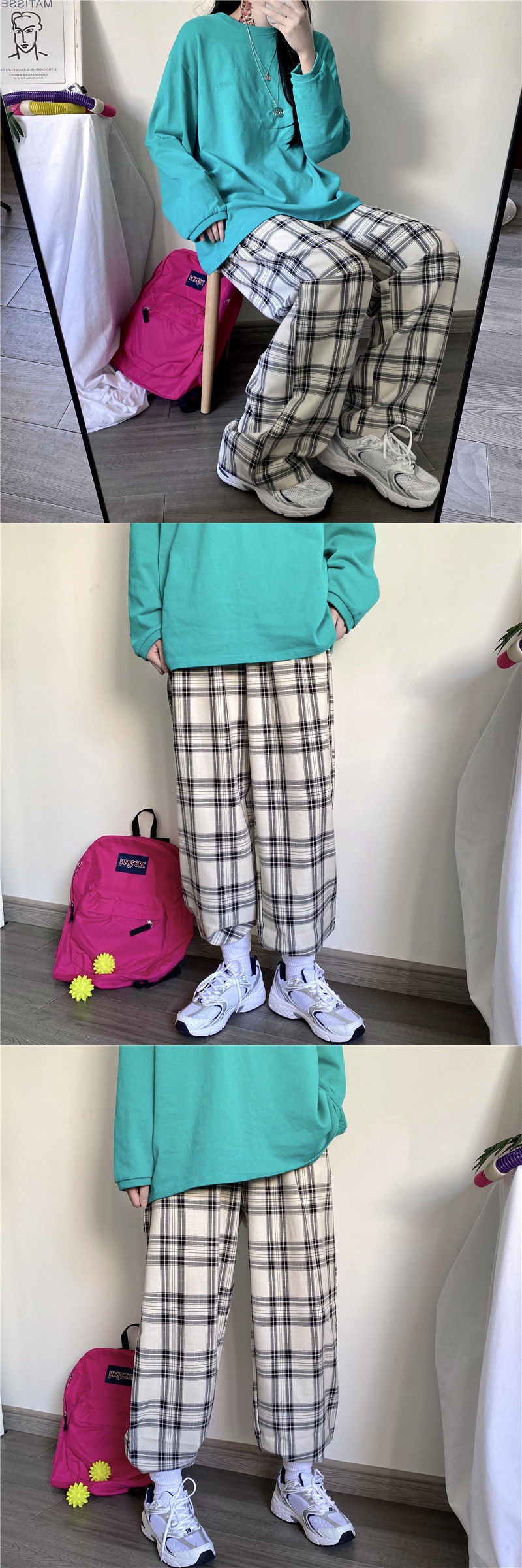 复古港风chic2021新款百搭格子薄款休闲宽松直筒阔腿裤长裤女裤子