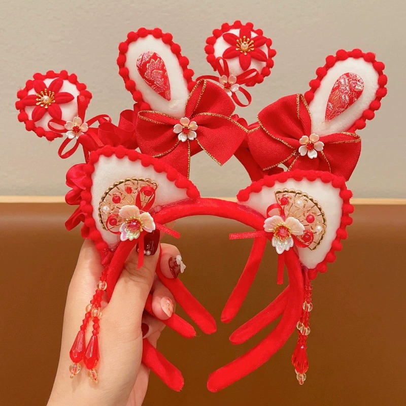 Chinese Style New Year Chinese Style Red Little Girl New Year Greeting Headband Festive Hairpin Hair Hoop Headdress Children Rabbit Ear Hair Accessories New