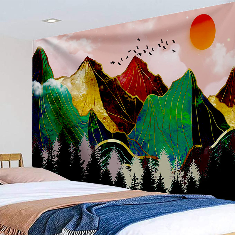 挂毯鎏金山挂毯家居山水风景画房间装饰挂布直播背景布床头挂毯