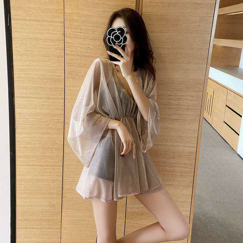 2023 New Swimsuit Female Korean Super Fairy Student Split Holiday Hot Spring Girl Swimsuit Mesh Outerwear Three-Piece Set