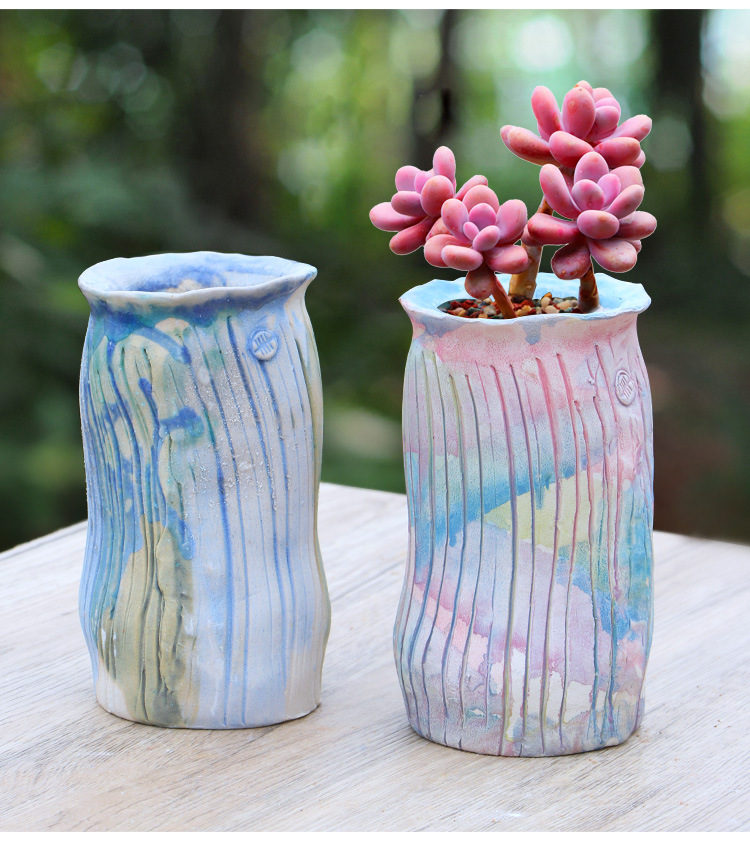 一卌小高桩粗陶透气吸水磨砂质感多肉花盆幻彩色法师盆